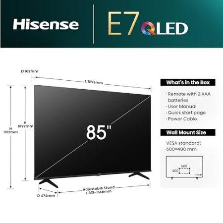 Hisense 85E7NQ 215 cm (85 Zoll) Fernseher, 4K UHD, QLED, HDR10, HDR10+ decoding, HLG, Dolby Vision Atmos, 60Hz Panel, Bluetooth, Alexa Built-in, VIDAA Voice, Schwarz [2024]