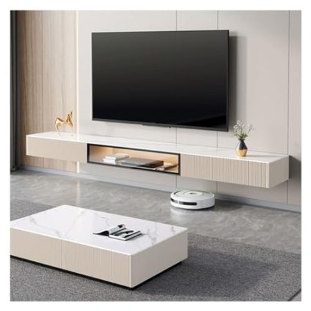 Fernsehschrank Schwebender TV-Ständer, wandmontierter TV-Schrank mit 2 Schubladen und 1 Regal, Tischplatte aus Schiefer, schwebendes Entertainment-Center, intelligente Fernsehkonsole mit Sensor-LED-Li