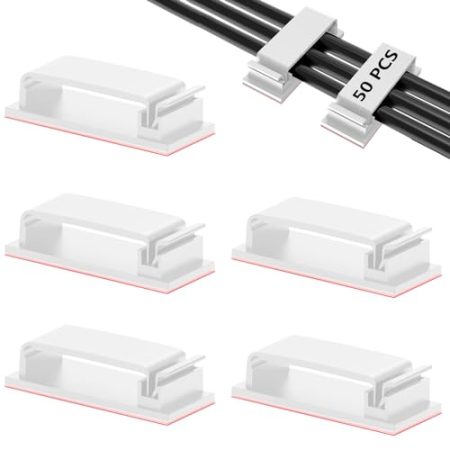 50 Stück Kabelmanagement Selbstklebende, Kabel Organizer Kabelhalter Selbstklebend, Kabelclips für Schreibtisch, Heim, Büro, TV, PC, Laptop (Weiß)