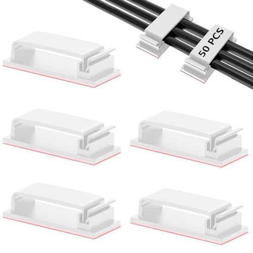 50 Stück Kabelmanagement Selbstklebende, Kabel Organizer Kabelhalter Selbstklebend, Kabelclips für Schreibtisch, Heim, Büro, TV, PC, Laptop (Weiß)