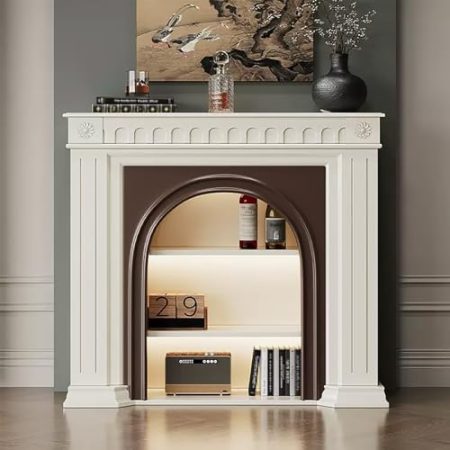 FCYNNV TV Schrank TV-Ständer mit Kamin, Entertainment-Center, TV-Ständer mit offenem Regal, dekorativer Kaminschrank, TV-Konsole aus Holz, für Wohnzimmer, Schlafzimmer (weiß)