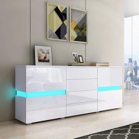 Generisch Sideboard Hochglanz Küchenschrank für Wohnzimmer Modernes Sideboard TV Schrank Vitrine mit LED-Leuchten 2 Türen 4 Schubladen Wohnmöbel (Weiß), SD04-WH