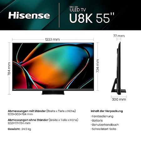Hisense 55U8KQ Mini LED 4K ULED Smart TV - 139 cm (55 Zoll) Dolby Vision IQ & Atmos, 120Hz Panel, Game Mode Pro, UHD AI Upscaler, HDR10+, Bluetooth, Apple AirPlay, Alexa, anthrazit [2023]