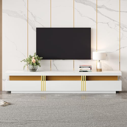 TV Schrank TV Lowboard mit 3 Schubladen und Marmormuster MDF Tischplatte, Moderner 200cm Lang TV Tisch Fernsehtisch Fernsehschrank Für Fernseher bis 90 Zoll, Für Wohnzimmer und Esszimmer (Weiß)