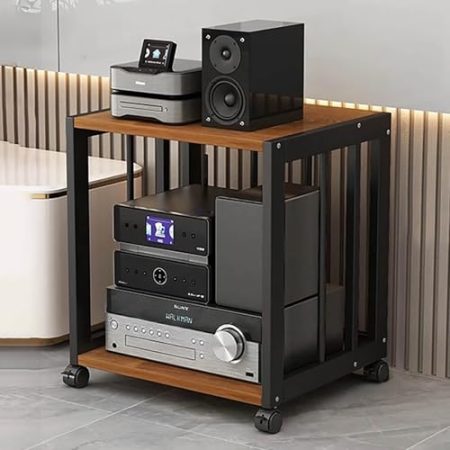 Generisch AV-Medienständer, Audio-Rack-Tower mit verstellbaren Regalen, beweglichem Stereo-Schrank, Stabiler Stahlrahmenstruktur, für DVD-Player, Projektor, TV-Zubehör (Schwarz + Braun, 2 Ebenen