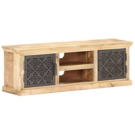VACARX TV-Schrank mit Stahltüren, 120 x 30 x 40 cm, massives Mangoholz, Artikelfarbe: Schwarz
