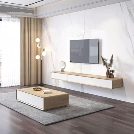 ZHENCHAO Schwebende TV-Einheit, Wandmontage, TV-Schrank mit 3 herunterklappbaren Türen, modernes Entertainment-Medienkonsolen-Center für Wohnzimmer, kleines Familienhaus, schwebende TV-Einh