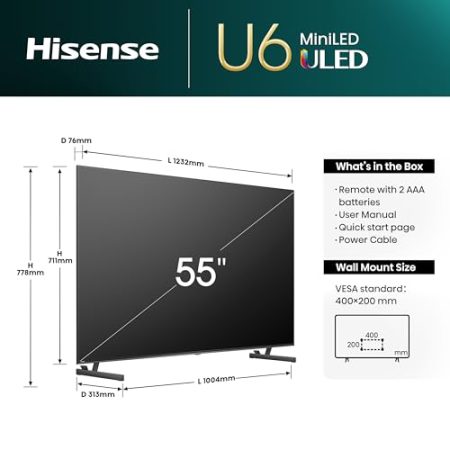 Hisense 55U6NQ 139 cm (55 Zoll) Fernseher 4K Mini LED ULED HDR Smart TV, 60Hz, HDMI 2.0, Game Mode Plus, Dolby Vision & Atmos, Bluetooth, Alexa Built-in, Anthrazit, [2024]