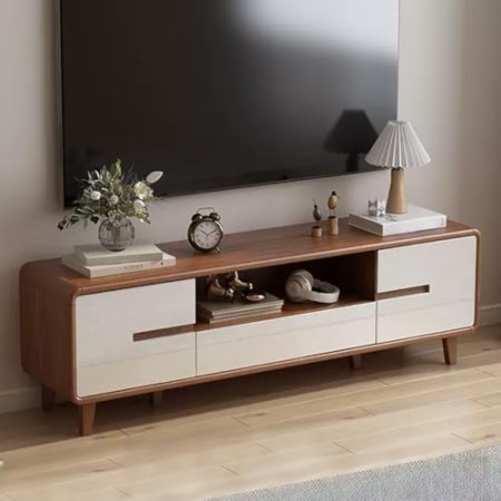 JIAOCKJIAO TV-Schrank aus Holz, Fernsehtisch, Entertainment-Center mit Kabellöchern, Schrankbeine aus Massivholz, Moderner TV Board, mit 2 Schubladen und 2 Schranktüren(63x13x17in/160x34x45cm)