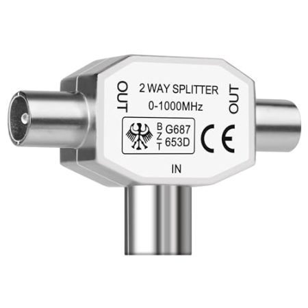 AXFEE Antennen-Verteiler 2 Fach, Antennenverteiler für TV, 1 Buchse auf 2 Koax Stecker, T-Adapter Verteiler Metallgehäuse, T-Kupplung für Digitales TV und Kabel TV, Silber