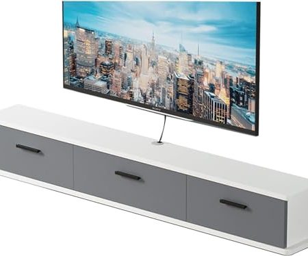 ZHENCHAO Schwebender TV-Ständer, an der Wand montierte TV-Einheit mit 3 Türen für Wohnzimmer, Schlafzimmer, TV-Wandregal für Router, Set-Top-Box, Projektor, Multimedia-Aufbewahrungsregal, h