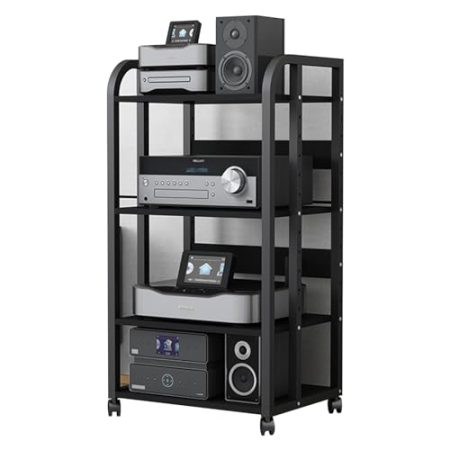 Audio Rack HiFi Regal 5 4 3 2 Etagen Stereo-Komponenten-Rack/-Schrank, Heavy Duty Heimbüro Audio-/Video-Medienständer mit verstellbarem Regal, Rollendes Hochregal für Player/TV-Zubehör(Size:4 Tier-H