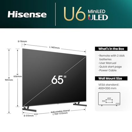 Hisense 65U6NQ 164 cm (65 Zoll) Fernseher 4K Mini LED ULED HDR Smart TV, 60Hz, HDMI 2.0, Game Mode Plus, Dolby Vision & Atmos, Bluetooth, Alexa Built-in, Anthrazit, [2024]