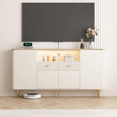 HOLGVE TV Schrank, Tv Board Mit Steinplatten-Arbeitsplatte, Fernsehtisch Mit Stauraum, Entertainment-Center, for Wohnzimmer Und Schlafzimmer Fernsehschrank(90x 30x 85cm/35.4x11.8X 33.4inch)