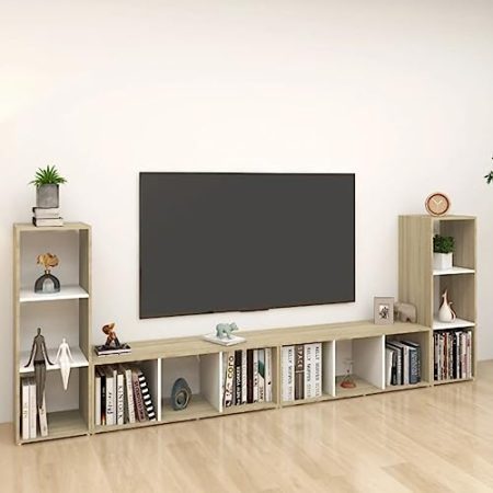 AJJHUUKI Möbelartikel-TV-Schränke 4-tlg Weiß und Sonoma Eiche 107x35x37cm Holzwerkstoff