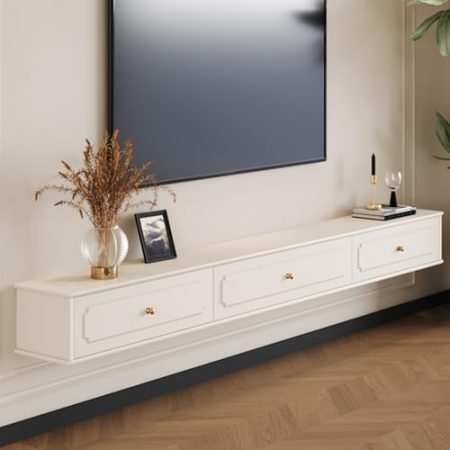 HOLGVE Schwebender TV Schrank, Fernsehtisch Mit Nach Unten Klappbarer Tür Und Schubladen, Entertainment-Center, An Der Wand Montierte Fernsehschrank(Wit,160x24cm/62.9x9.4inches)