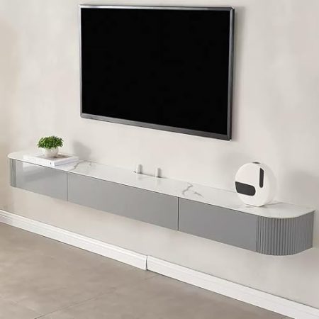 TV Schrank An der Wand montierter TV-Ständer, 59-Zoll-TV-Schrank, Steinplatten-Tischplatte, schwebende Medienkonsole, TV-Tisch für Entertainment-Center, mit Klapptür und 2 Schubladen, für das Wohnzimm