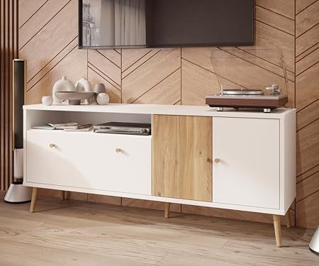 Forte HARLLSON, einfache Montage Dank EasyKlix by TV Schrank Weiß mit Holzdekor: Mauvella Eiche, TV Tisch mit 2 Türen, Modern Mid Century Stil, 160 cm breit x 67 cm hoch x 41 cm tief