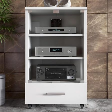 YQMHEZ Heim-Audio Rack HiFi Regal mit höhenverstellbarem Regal und Rollen, Phonoschrank mit Schublade, Audio-Rack, Record Player Stand for Verstärker/Player/TV-Zubehör(Wit,23.6"x20.4"x38.1")