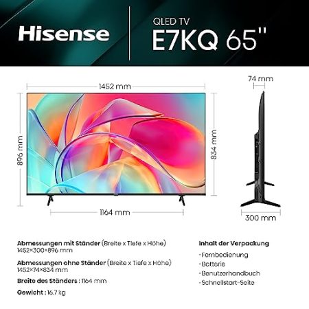 Hisense 65E7KQ QLED Smart TV 164 cm (65 Zoll), 4K, HDR10, HDR10+ decoding, HLG, Dolby Vision, DTS Virtual, 60Hz Panel, Bluetooth, Alexa Built-in, VIDAA Voice, schwarz
