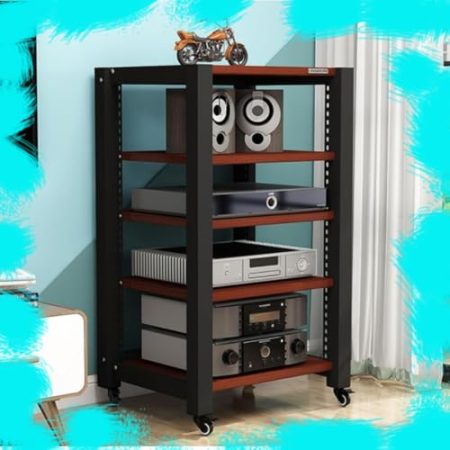 Heimkino-Audioständer, AV-Medienständer, HiFi-Rack, Stereo-Komponentenschrank, 5/2-stufiger Audioschrank mit Bremsrad, professioneller Medienaufbewahrungsschrank für Schlafzimmer (Teak, 5 Stufen)