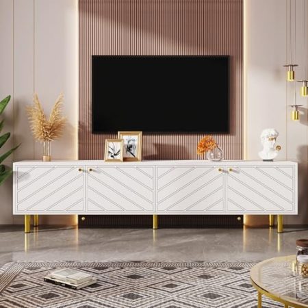 Weißer TV-Schrank 170 cm lang, Lowboard für Fernseher bis zu 65 Zoll, Goldene Metallgriffe und -füße, TV-Möbel mit vier Türen, Moderner Stil Fernsehschrank, für verschiedene Einrichtungsstile