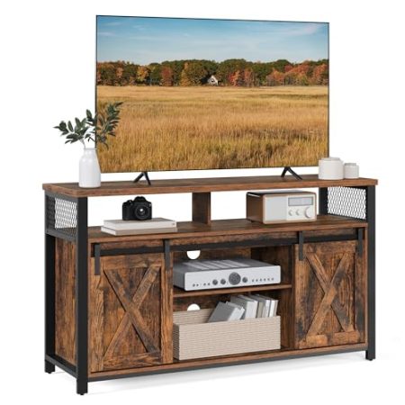 VASAGLE TV-Schrank, Lowboard für Fernseher bis zu 60 Zoll, Fernsehtisch mit verstellbaren Ablagen, Schiebetür, Metallgestell, vintagebraun-schwarz LTV46BX
