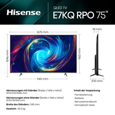 Hisense 75E7KQ PRO 189cm (75 Zoll) Fernseher, 4K UHD, QLED, Smart TV, HDR, Dolby Vision IQ, 144Hz (VRR), HDMI 2.1, Game Mode PRO, Triple Tuner, Alexa Built-In, Dolby Atmos, Dunkelgrau [2023]