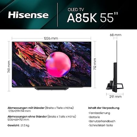 Hisense 55A85K 139cm (55 Zoll) Fernseher, OLED, 4K, HDR, Dolby Vision IQ & Atmos, IMAX Enhanced, Filmmaker Mode, 120Hz, Apple AirPlay, Alexa Built-in, Game Mode Pro, DTS Virtual X, anthrazit [2023]
