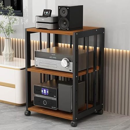 JIAOCKJIAO Audio Rack Hi Fi Regal, Hi Fi Rack mit Verstellbaren Regalen, Beweglicher Phonoschrank, Stabile Stahlrahmenkonstruktion, für DVD-Player, Projektor, TV-Zubehör(Black+Brown,3 tier 50x40x69CM)