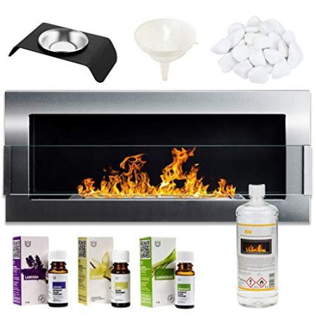 GMT Bioethanol Eco Rauchfreier Kamin, Silber, 90 x 40 cm, mit Schutzglas, dekorativer Wand- oder Einbaufeuer, Kaminofen einfache Montage mit Bio-Flüssigkeit, Brennstoffen und Steinen und Aromaölen