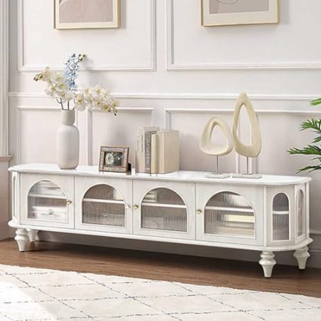 HOLGVE TV Schrank, Fernsehtisch mit Glasschranktür, Fernsehschrank Aus Massivholz, Medienschrank Mit Römischen Schrankbeinen, TV-Board, Wohnzimmermöbel(Wit)