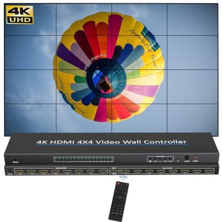 Video Wall Controller 4x4 4K Videowand Controller mit 24 Spleißmodi RS232, 180° Rotate, Audio Extractor HD Multimedia Schnittstelle Video Splicer Unterstützt 1 Eingang und 16 Ausgänge