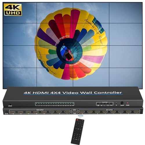 Video Wall Controller 4x4 4K Videowand Controller mit 24 Spleißmodi RS232, 180° Rotate, Audio Extractor HD Multimedia Schnittstelle Video Splicer Unterstützt 1 Eingang und 16 Ausgänge