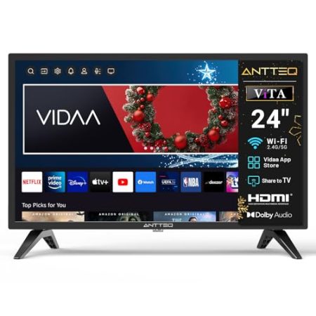 Antteq AV24H3 Fernseher 24 Zoll (60 cm) Smart TV mit Netflix, Prime Video, Rakuten TV, DAZN, YouTube, UVM, WiFi, Triple-Tuner DVB-T2 / S2 / C