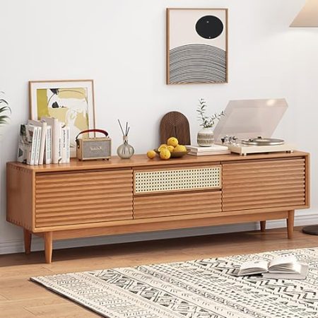 TV Schrank TV-Ständer aus Holz, TV-Konsole, mit unterer Klapptür aus Rattan, Entertainment-Center, mit Kabelloch, bereits montierter TV-Schrank, TV-Tische mit Stauraum, für das Wohnzimmer (natürlich,