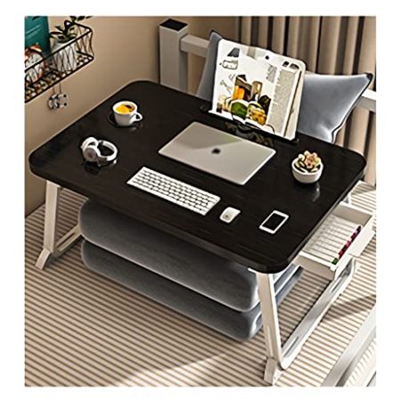 Großer tragbarer Laptop-Bett-Schreibtisch mit klappbaren Beinen, Getränkehalter, Aufbewahrungsschublade, Kartenschlitz, Betttablett, Tisch zum Essen, Arbeiten und Spielen, Schwarz, 70,1 cm