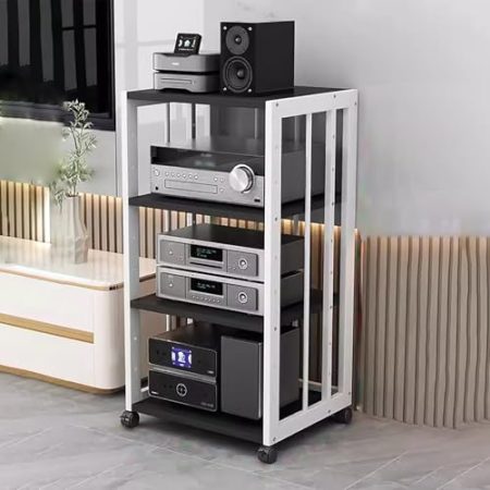 Audioständer mit 4-lagigem Regal, bodenstehender Stereo-Komponentenschrank, leicht zu bewegender Medienständer, großvolumiger Medienregal-Turm, DVD-Rack für Verstärker/Player/TV-Zubehör (Sch