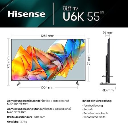 Hisense 55U6KQ 139 cm (55 Zoll) Fernseher 4K Mini LED ULED HDR Smart TV, 60Hz, HDMI 2.0, Game Mode Plus, Dolby Vision & Atmos, Bluetooth, Alexa Built-in, anthrazit [2023]