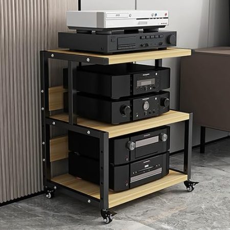 JIAOCKJIAO Beweglicher Audio Rack Hi Fi Regal, Phonoschrank mit Verstellbaren Regalen, Offener Record Player Stand, Verdickter Stahlrahmen, für Player, TV-Zubehör(Natural,3 Tier 50x40x64CM)