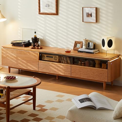 FCYNNV TV Schrank LED-TV-Ständer, mit herunterklappbarer Tür, Medienkonsole, Glasschiebetür, Entertainment-Center mit verstellbaren Regalen, mit Kabelloch, 2 Aufbewahrungsschubladen