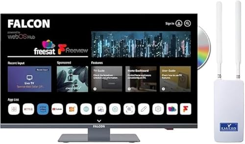 Falcon WebOS Smart FHD Camping-TV und mobiler Booster-Internet-Router ist eine kombinierte Lösung mit Freeview Play, Netflix, Prime Video, Disney+, YouTube und mehr (22” WebOS SMART Combo Bundle)