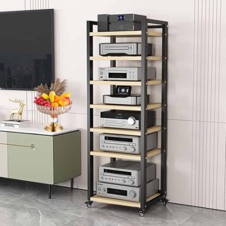 AV-Media-Schrankständer mit 7 Etagen, 161 cm hoch, Audio-Turm, Eck-TV-Ständer mit verstellbarer Ablage, moderne Stereo-Regale für Wohnzimmer, Gaming, Aufnahmeraum, Pomelo-Holz, 50 x 40 x 161 cm