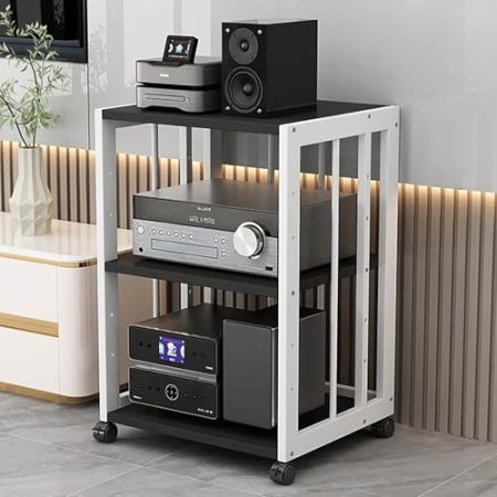 Generisch AV-Medienständer, Audio-Rack-Tower mit verstellbaren Regalen, beweglichem Stereo-Schrank, Stabiler Stahlrahmenstruktur, für DVD-Player, Projektor, TV-Zubehör (Schwarz + Weiß, 3 Ebenen