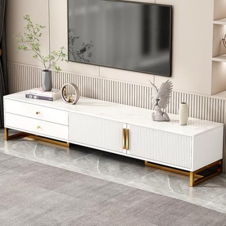 HOLGVE TV Schrank, Medienschrank Im Industriellen Stil, Fernsehschrank, Mit Aufbewahrungsschublade Und 2 Fernsehtisch, TV-Schrank Mit Stabilen Metallbeinen, TV-Ständer(Golden,160x40cm/62.9x15.7in)