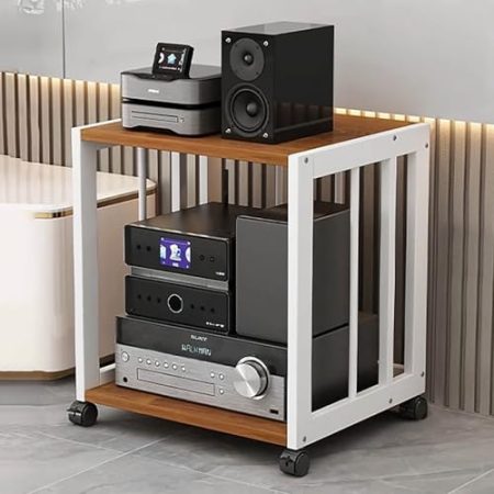 AV-Media-Ständer mit verstellbaren Regalen, beweglicher Stereo-Schrank, Stahlrahmen, Struktur, DVD-Player, Projektor, TV-Zubehör, Organizer (weiß + braun, 2 Etagen, 50 x 40 x 49 cm)