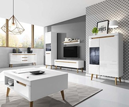 Furniture24 Wohnzimmer Set NORDI Kommode Vitrine Couchtisch Tv Schrank Hängeregal mit LED Beleuchtung Skandinavische Stil (Weiß/Weiß Hochglanz)