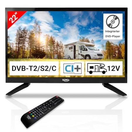 21.5" Zoll (55 cm) LCD Fernseher Xoro HTC 2249 mit HDTV Triple Tuner, integrierter Slot-In DVD Player, USB 2.0 Mediaplayer, CI+ Schacht, 12V Anschluss, schwarz