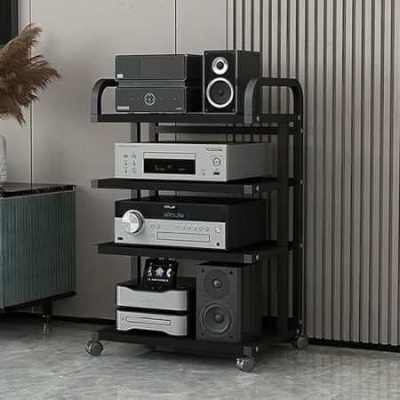 3/4/5-stöckiger AV-Medienständer, bewegliches Audio-Rack, Stereo-Racks und Ständer mit Lagerregalen, Media-Audio-Tower-Schrank mit höhenverstellbaren Regalen for Büro und Theater(Black,4 Tier 33.6in)