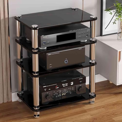 YQMHEZ Audio-Rack, Stereoschrank mit 1–4 Ebenen, Audio-Video-Medienständer mit verstellbaren Regalen, Türen aus gehärtetem Glas und Kabelmanagement, for Player, TV-Zubehör(Nero,4 Tier 23.6"x15.7"x29.9